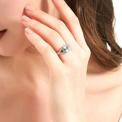 Solitaire Emerald Cut CZ Split Shank Ring in Sterling Silver