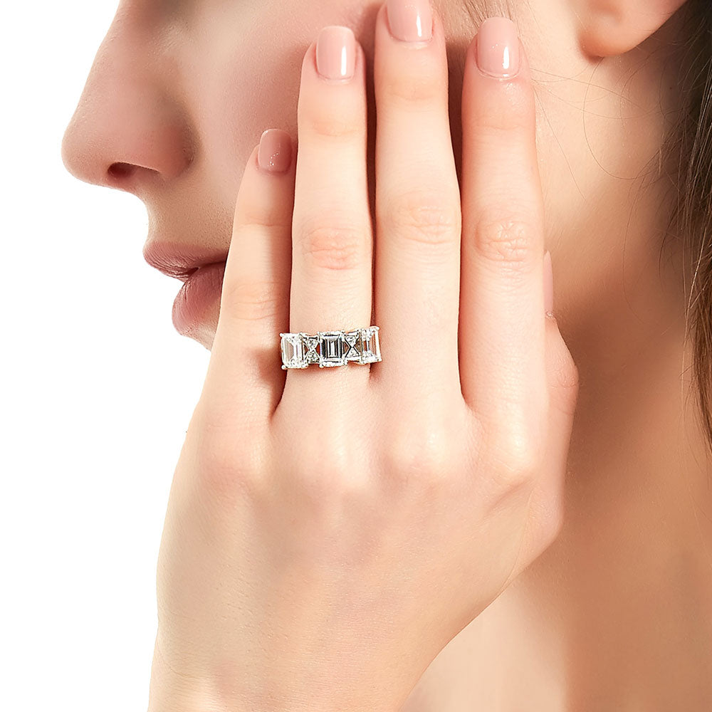 3-Stone Art Deco 3ct Emerald Cut CZ Ring in Sterling Silver