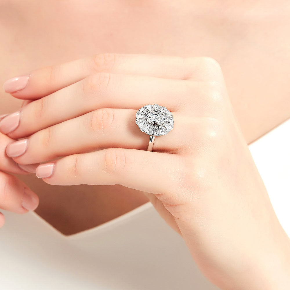 Model wearing Halo Art Deco Oval CZ Ring in Sterling Silver, 6 of 8