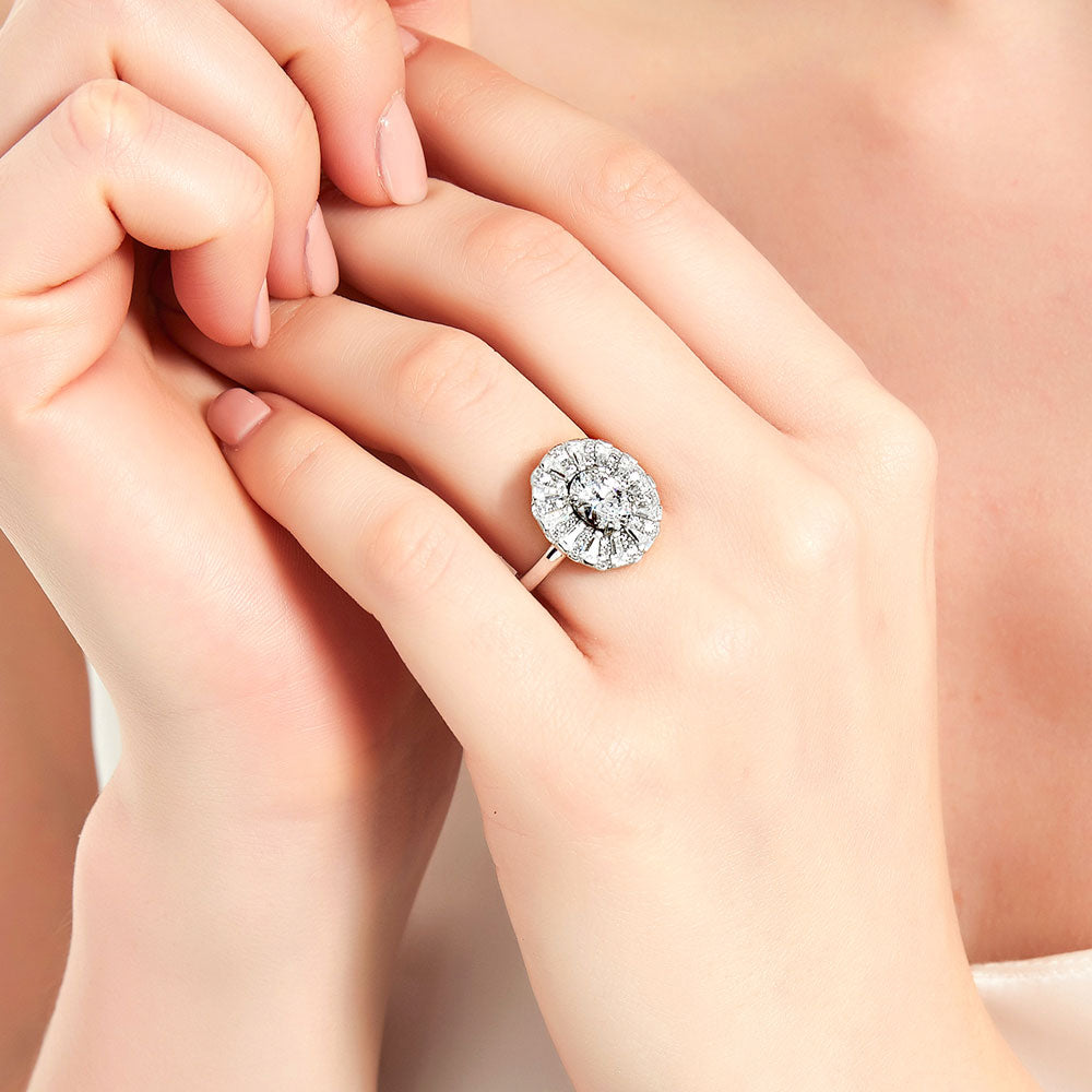 Model wearing Halo Art Deco Oval CZ Ring in Sterling Silver, 3 of 8