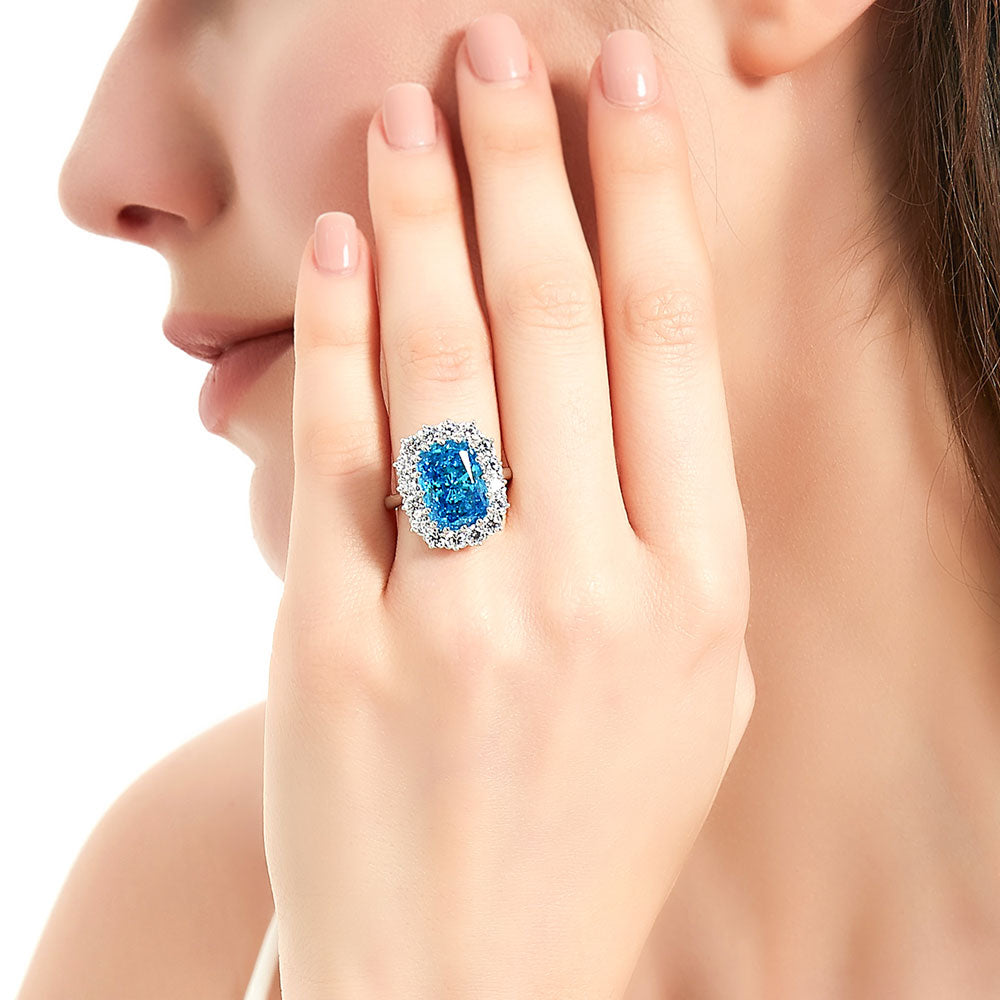 Model wearing Halo Blue Cushion CZ Ring in Sterling Silver, 3 of 8