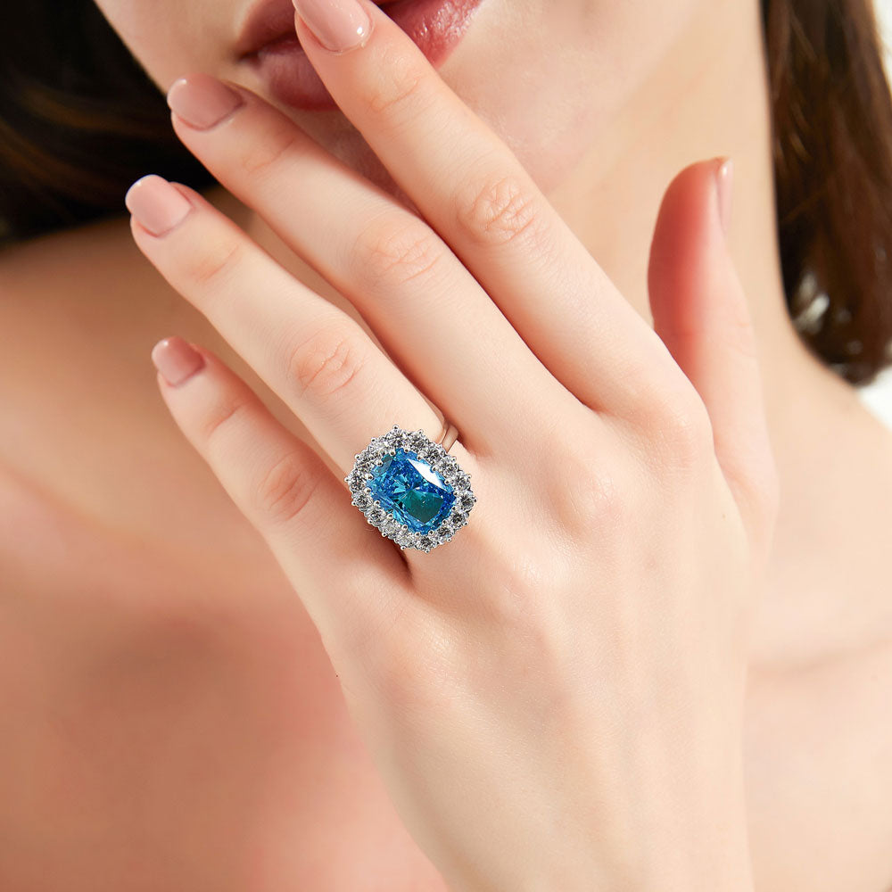 Model wearing Halo Blue Cushion CZ Ring in Sterling Silver, 2 of 8