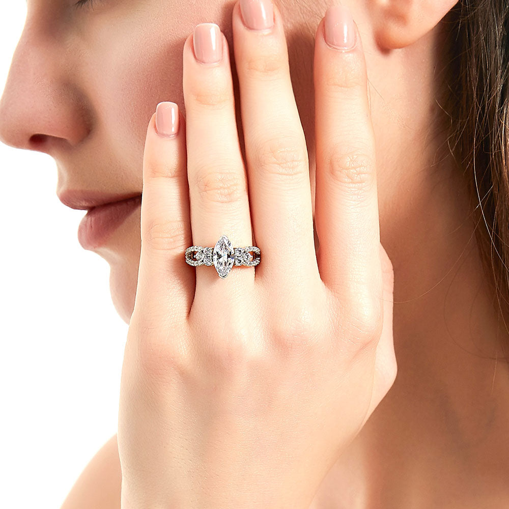 Model wearing Flower CZ Split Shank Ring in Sterling Silver, 3 of 8