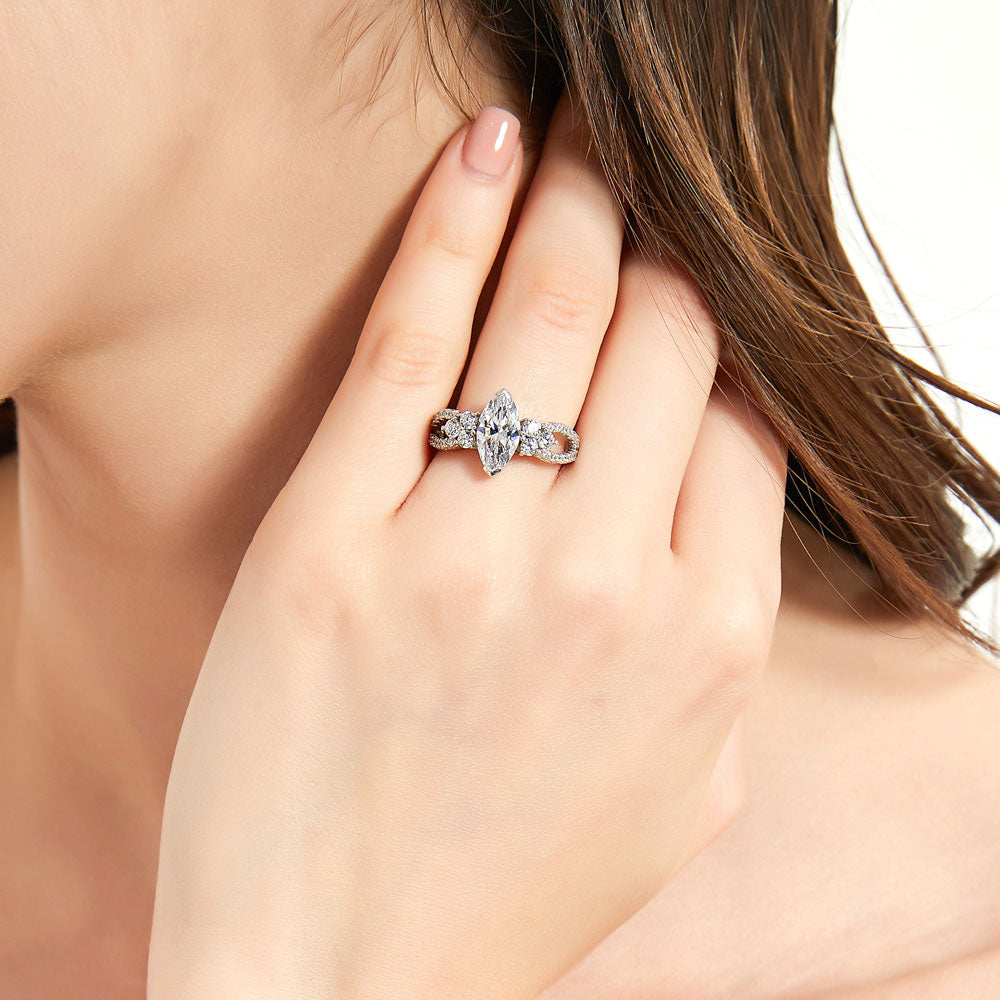 Model wearing Flower CZ Split Shank Ring in Sterling Silver, 2 of 8