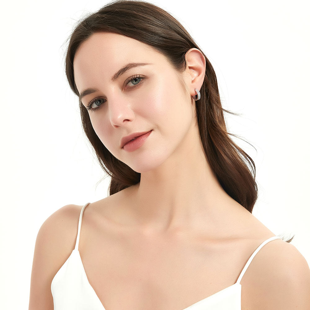 Model wearing Double Row CZ Small Hoop Earrings in Sterling Silver 0.6 inch, 6 of 6
