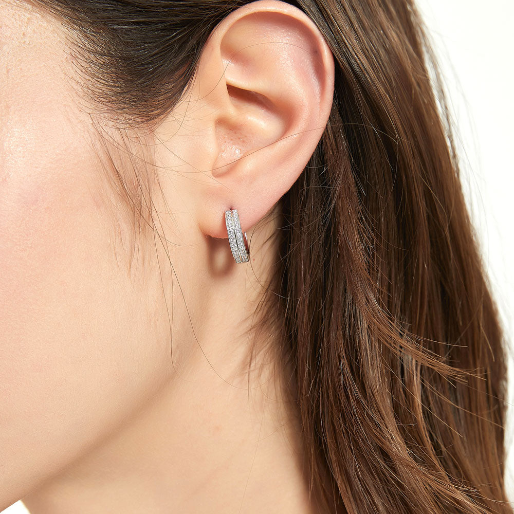 Model wearing Double Row CZ Small Hoop Earrings in Sterling Silver 0.6 inch, 2 of 6
