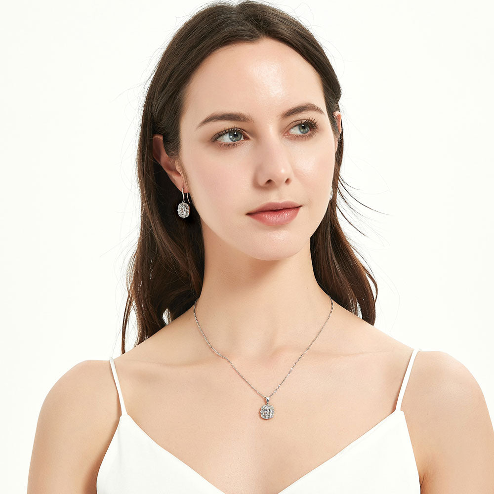 Model wearing Art Deco CZ Pendant Necklace in Sterling Silver, 3 of 6