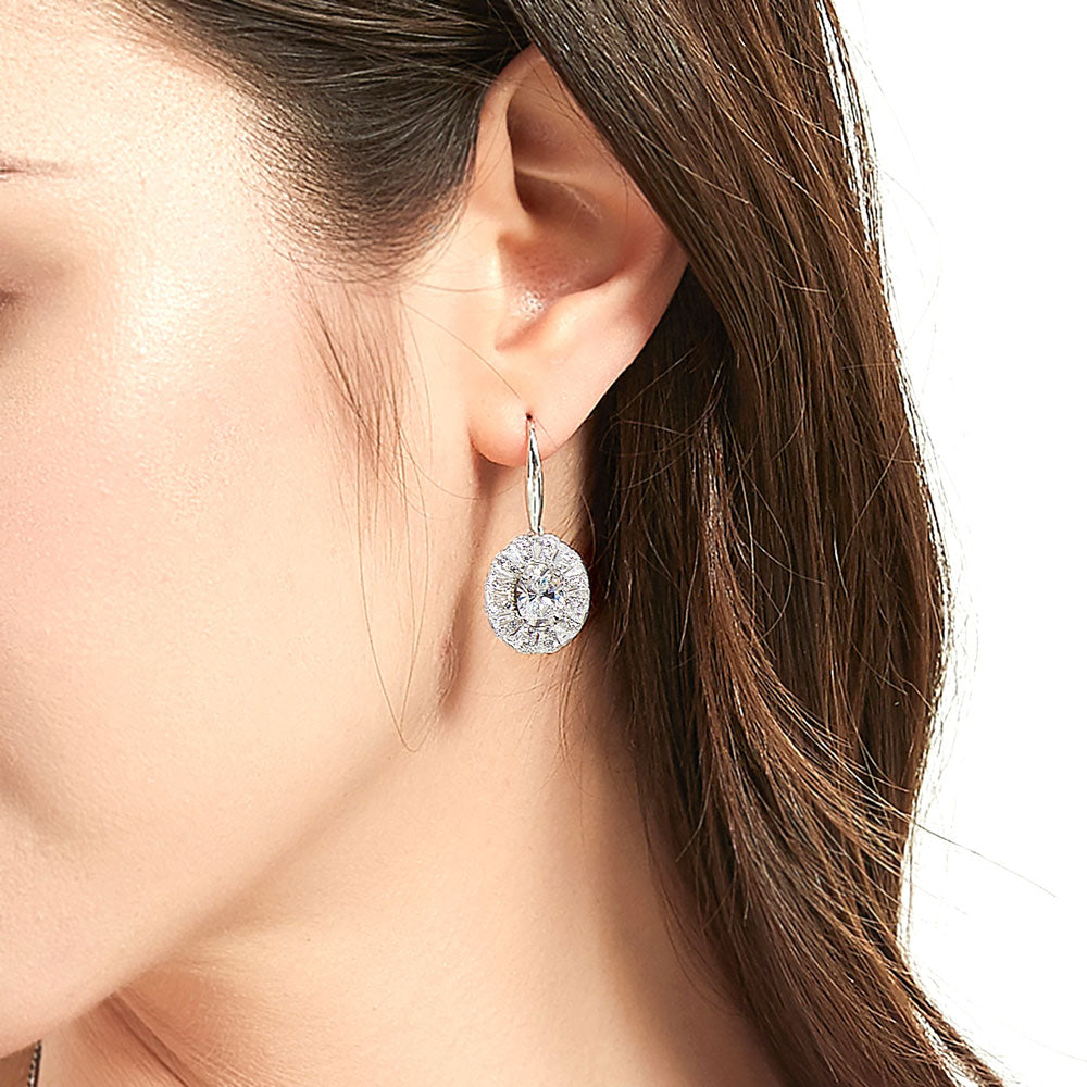 Model wearing Halo Art Deco Oval CZ Leverback Earrings in Sterling Silver, 3 of 5
