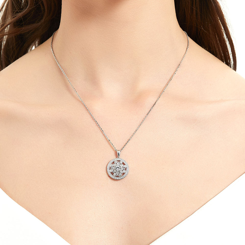Model wearing Flower Medallion Filigree CZ Necklace in Sterling Silver, 3 of 8