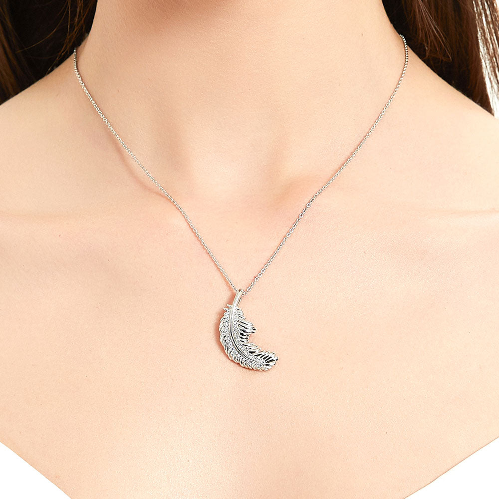 Model wearing Feather CZ Pendant Necklace in Sterling Silver, 2 of 6