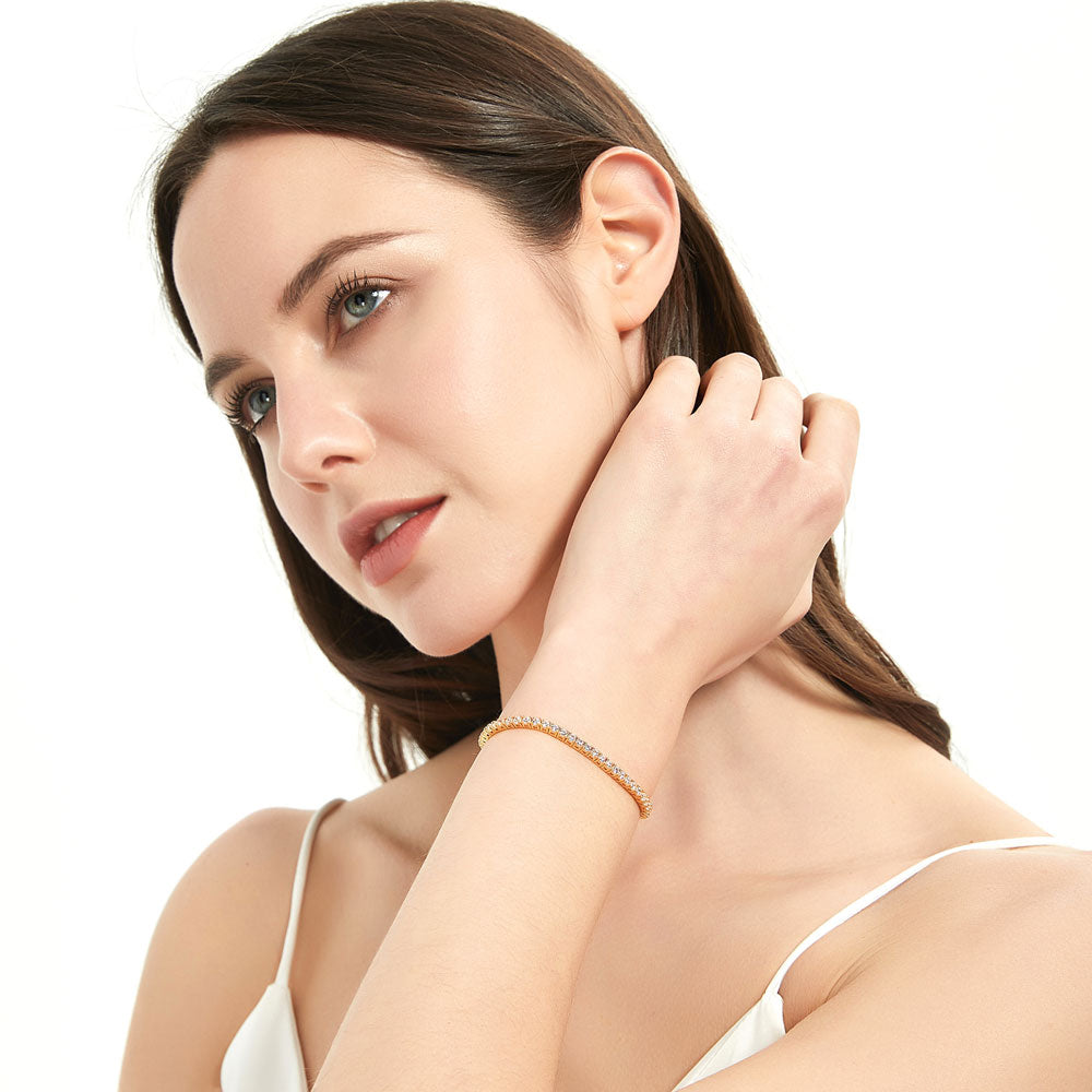 Model wearing CZ Tennis Bracelet in Gold Flashed Sterling Silver, 5 of 6