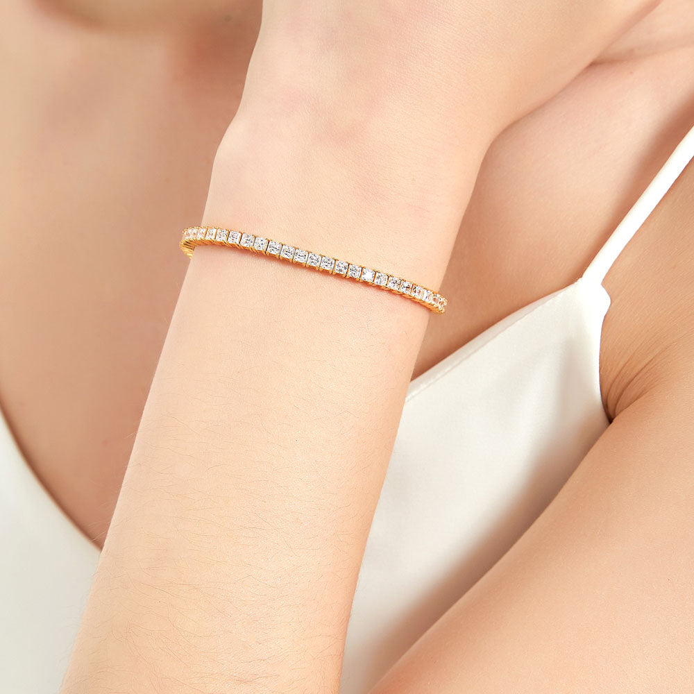 Model wearing Princess CZ Tennis Bracelet in Gold Flashed Sterling Silver, 2 of 6