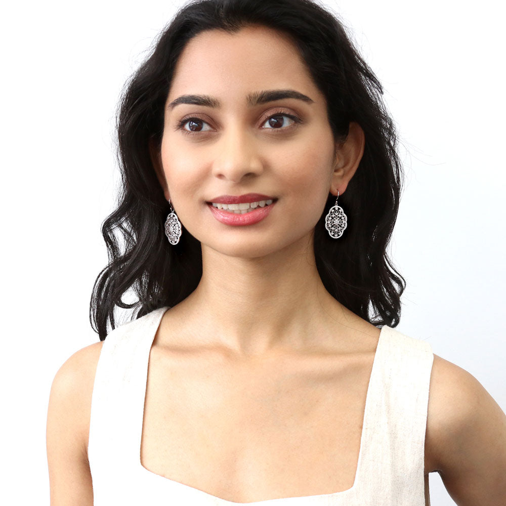 Model wearing Flower Filigree Art Deco CZ Fish Hook Earrings in Sterling Silver, 3 of 5