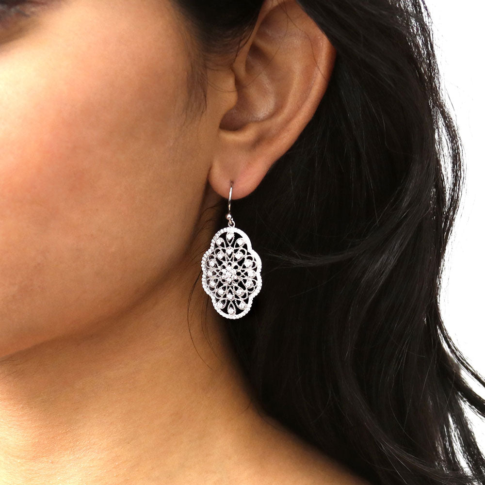 Flower Filigree Art Deco CZ Fish Hook Earrings in Sterling Silver