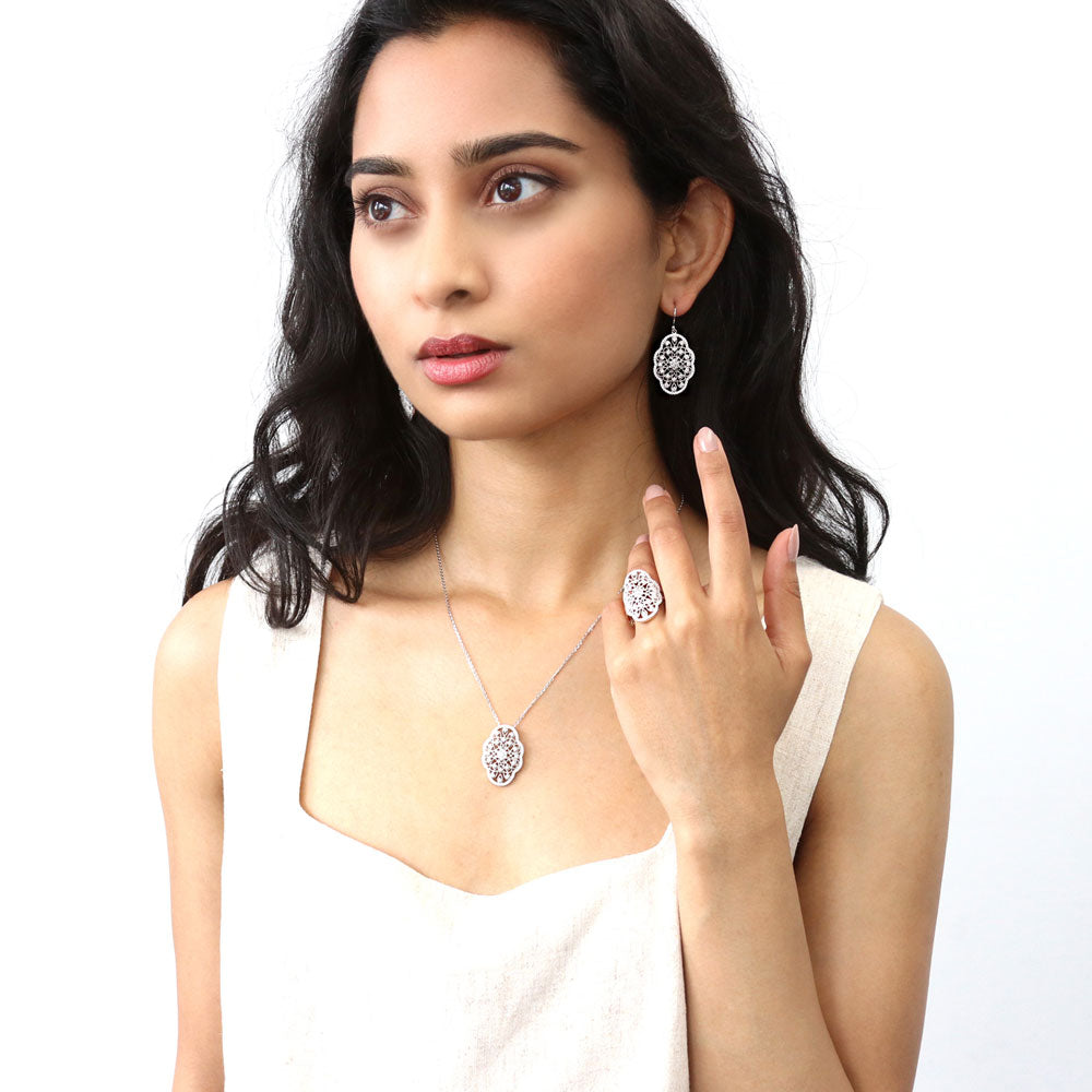 Model wearing Flower Filigree Art Deco CZ Fish Hook Earrings in Sterling Silver, 5 of 5