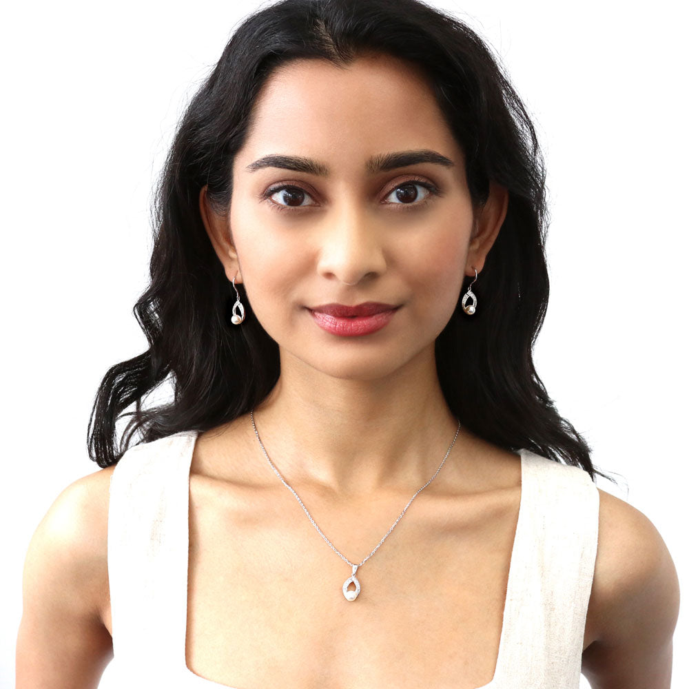 Woven Imitation Pearl Necklace and Earrings Set in Sterling Silver