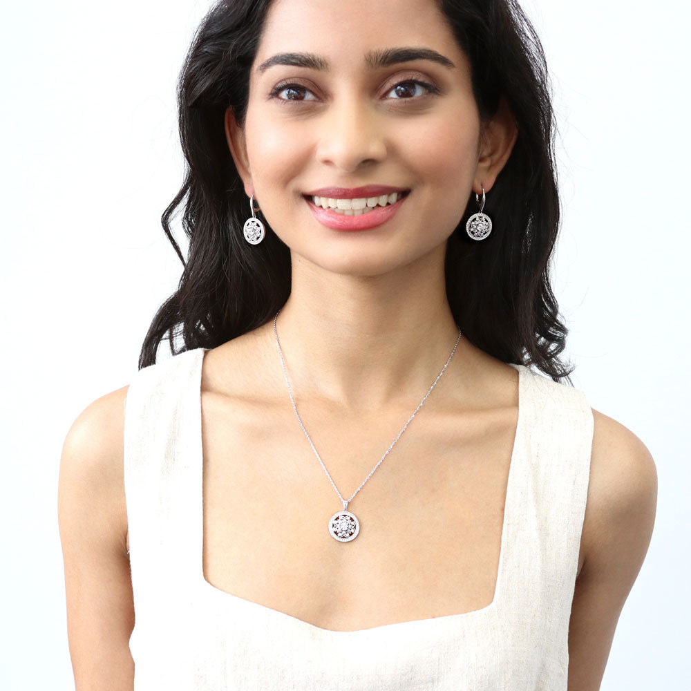 Flower Filigree CZ Leverback Earrings in Sterling Silver