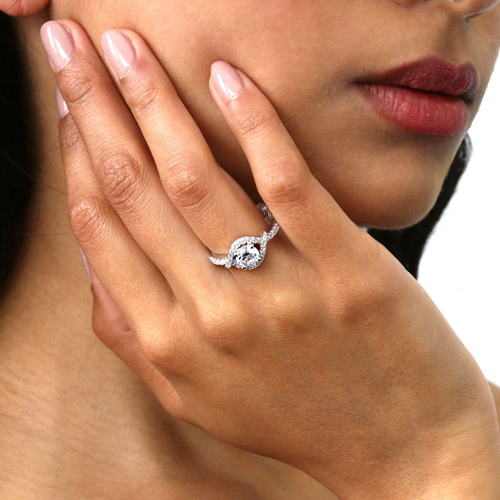 Model wearing Woven Halo CZ Ring in Sterling Silver, 2 of 9