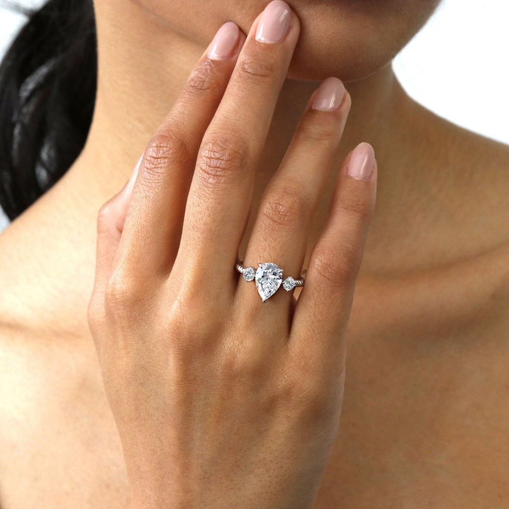 Model wearing 3-Stone Woven Pear CZ Ring Set in Sterling Silver, 9 of 16