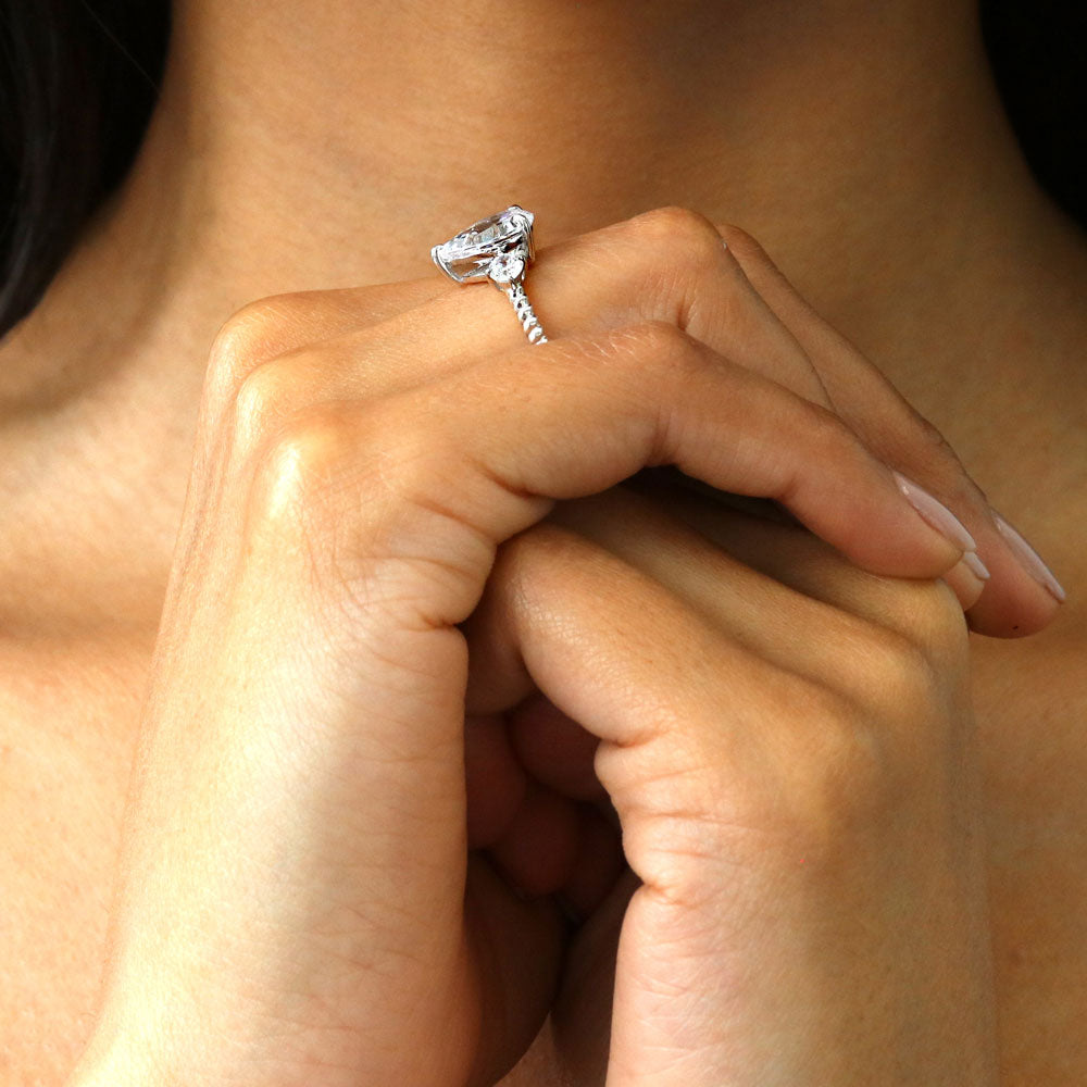 Model wearing 3-Stone Woven 1.8ct Pear CZ Ring Set in Sterling Silver, 7 of 12