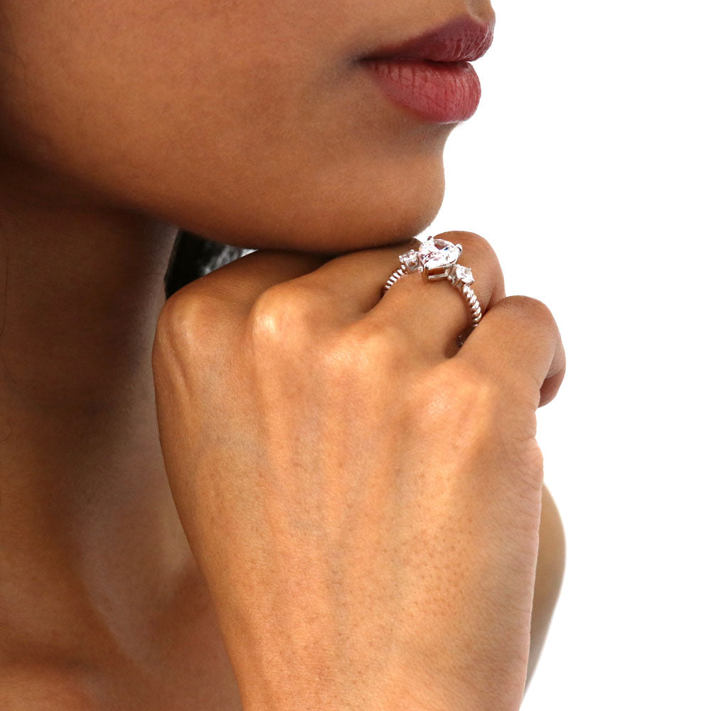 Model wearing 3-Stone Woven Pear CZ Ring Set in Sterling Silver, 11 of 16