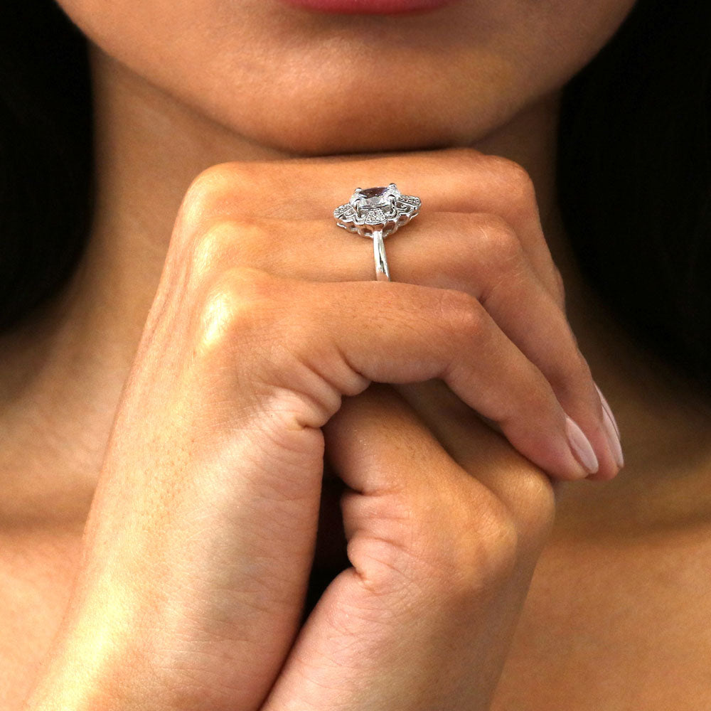 Halo Flower Art Deco Oval CZ Ring in Sterling Silver
