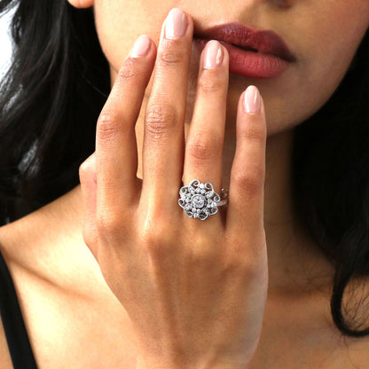 Halo Flower Art Deco CZ Ring in Sterling Silver