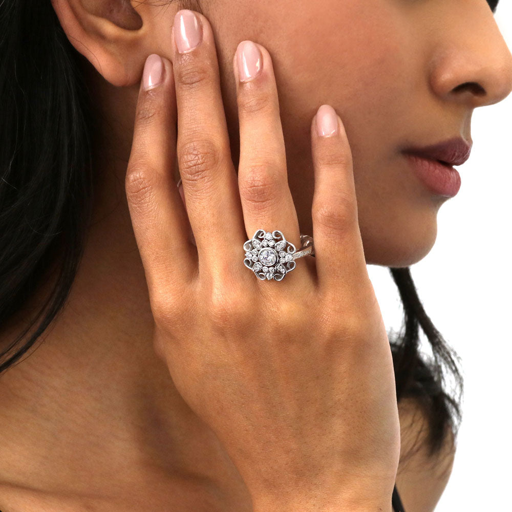 Halo Flower Art Deco CZ Ring in Sterling Silver