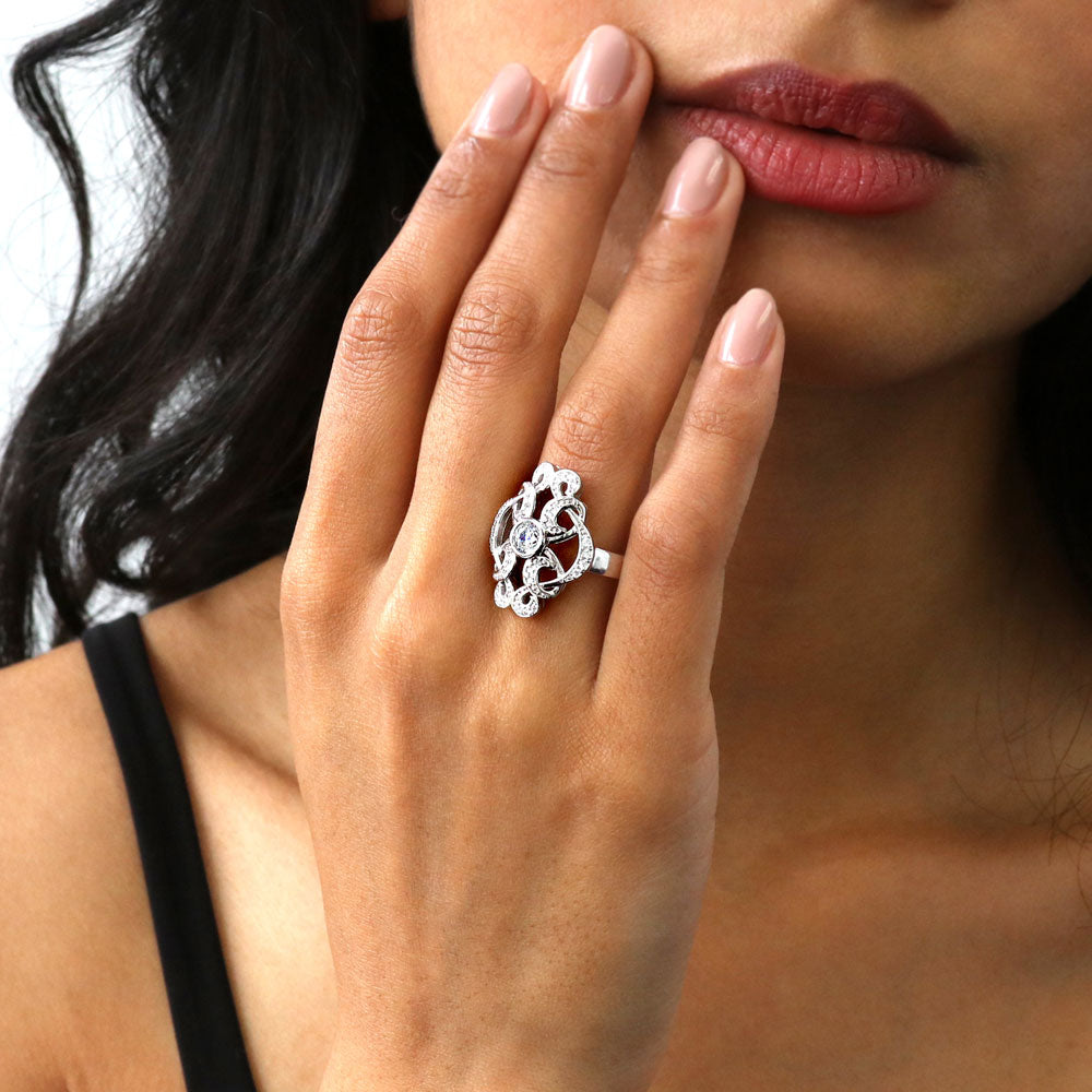 Model wearing Flower Art Deco CZ Ring in Sterling Silver, 3 of 8