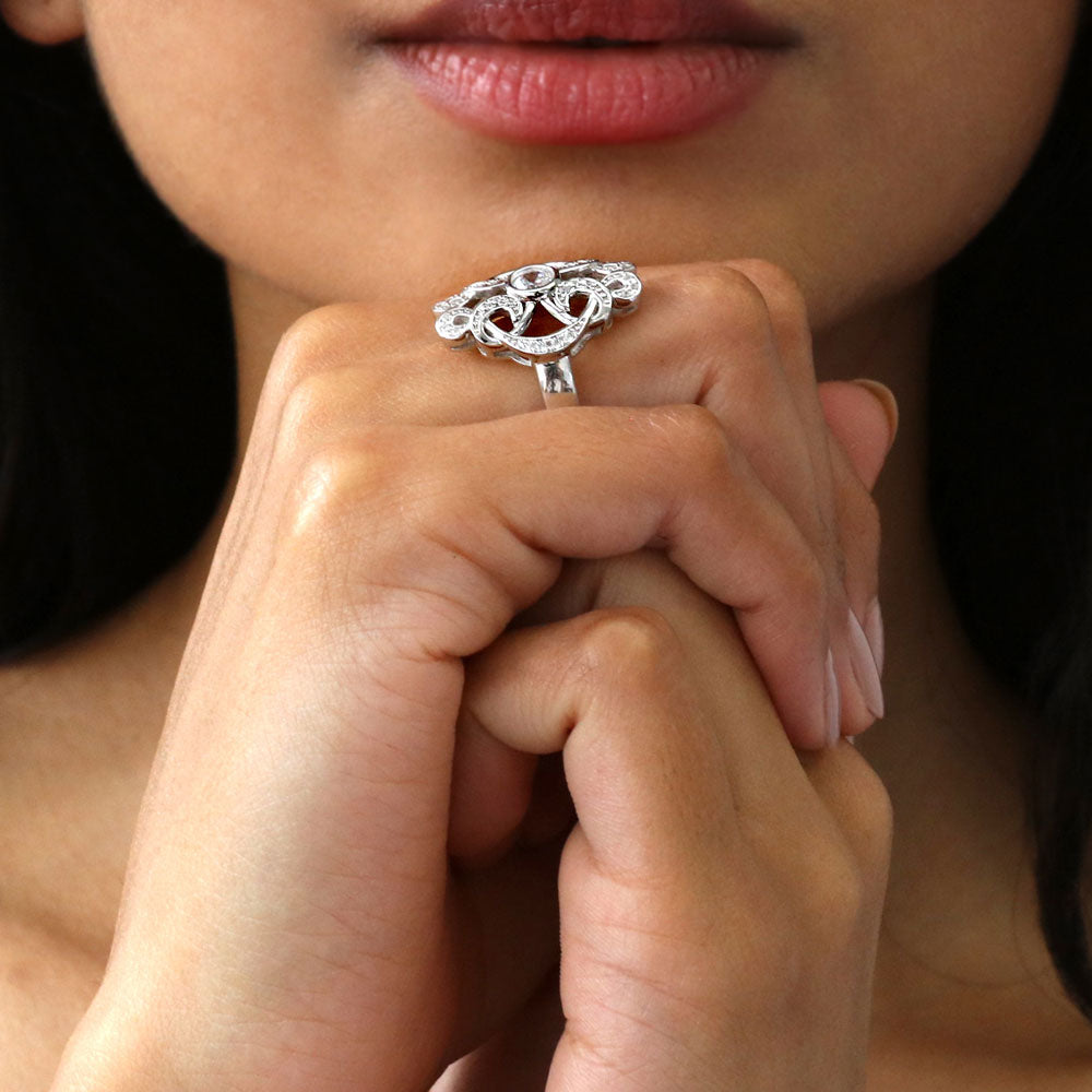 Model wearing Flower Art Deco CZ Ring in Sterling Silver, 7 of 8