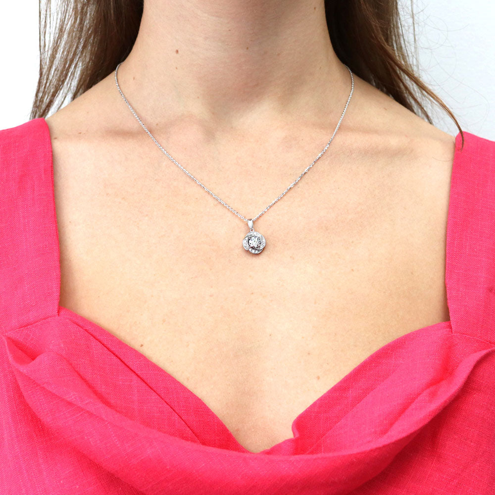 Flower Woven Halo CZ Necklace in Sterling Silver