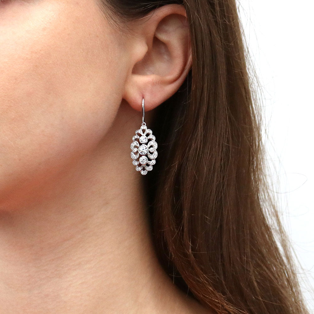 Navette Art Deco CZ Fish Hook Earrings in Sterling Silver