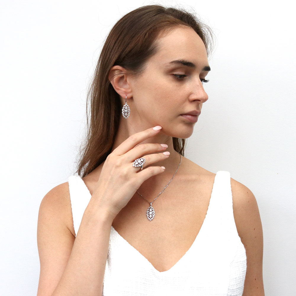 Model wearing Navette Art Deco CZ Fish Hook Earrings in Sterling Silver, 6 of 6