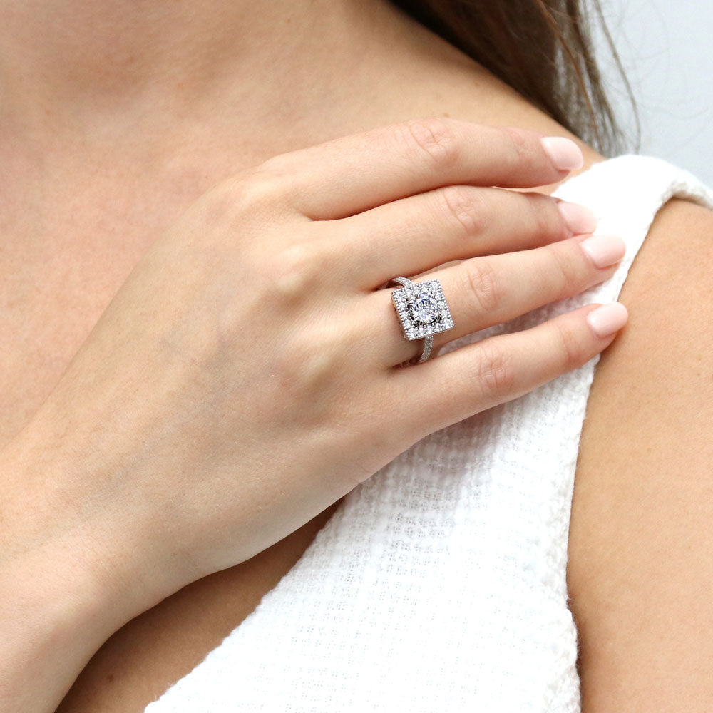 Model wearing Halo Round CZ Ring in Sterling Silver, 3 of 14