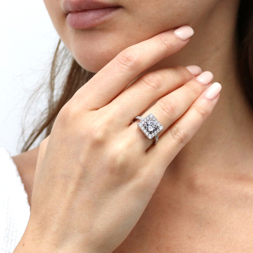 Model wearing Halo Round CZ Ring in Sterling Silver, 2 of 14