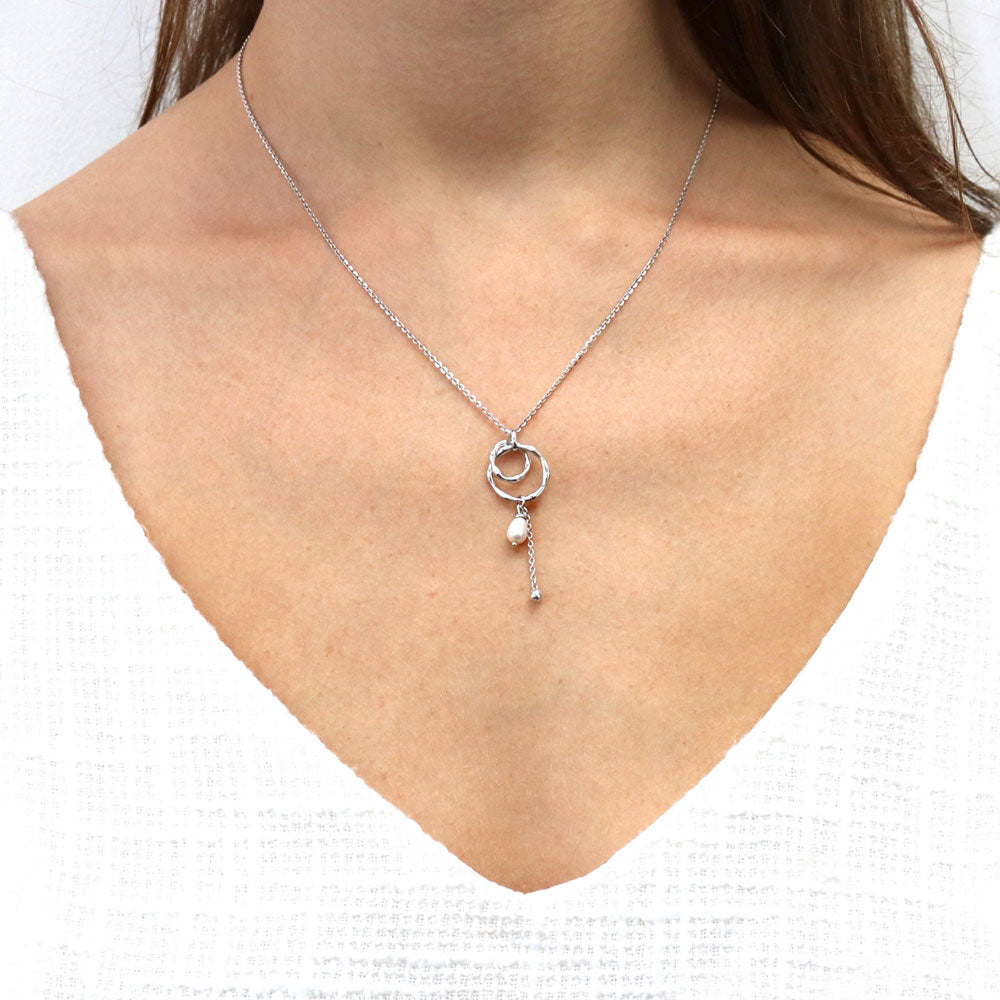 Open Circle White Drop Cultured Pearl Necklace in Sterling Silver