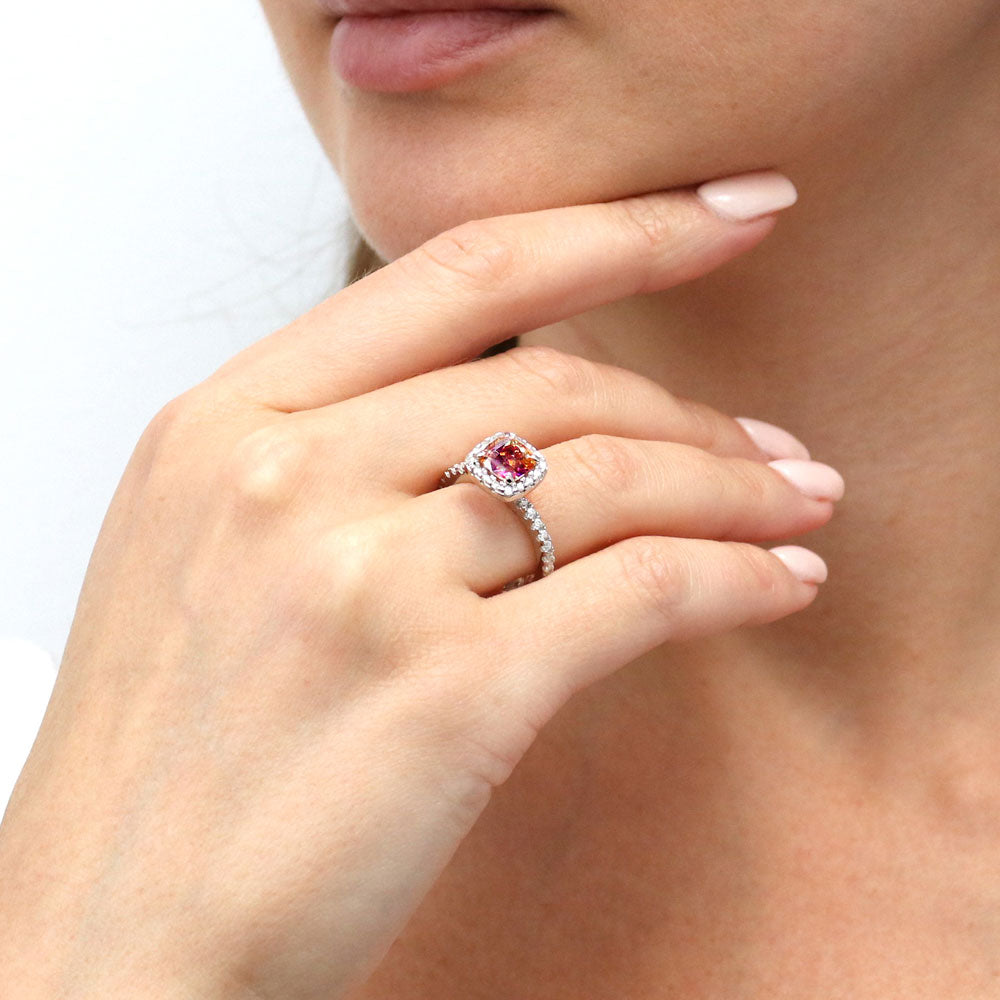 Model wearing Halo Kaleidoscope Red Orange CZ Ring Set in Sterling Silver, 9 of 10