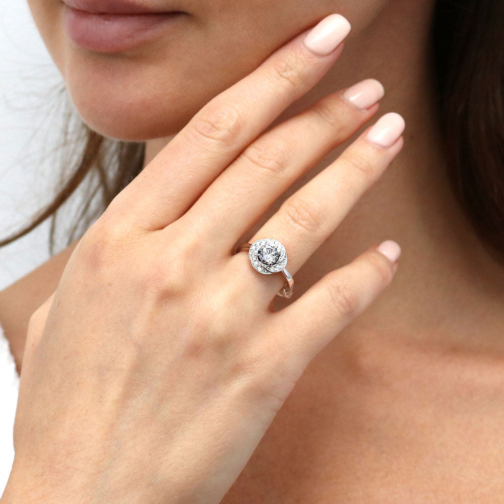 Model wearing Flower Woven Halo CZ Ring in Sterling Silver, 6 of 10