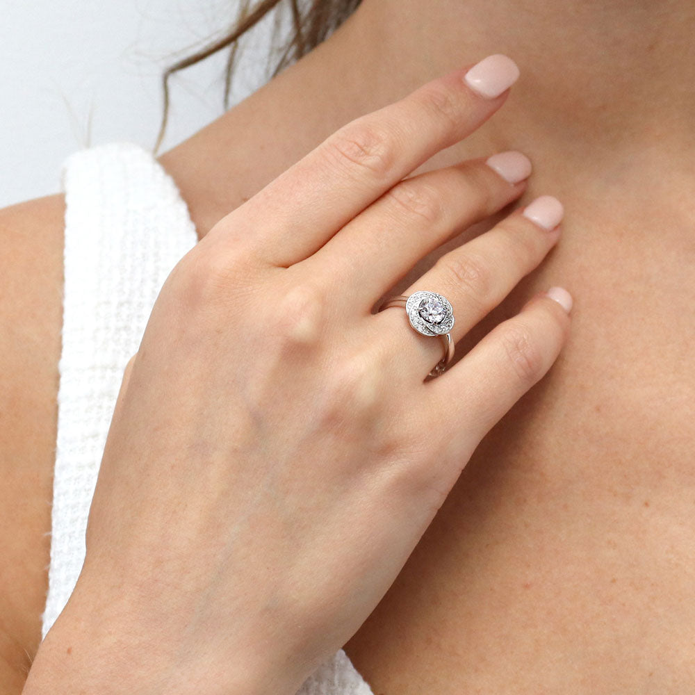 Flower Woven Halo CZ Ring in Sterling Silver