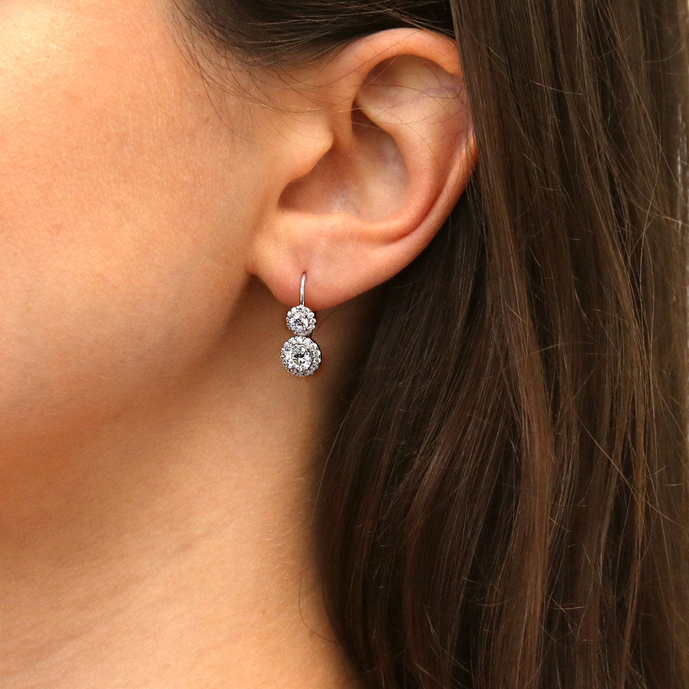 Model wearing Halo 2-Stone CZ Leverback Earrings in Sterling Silver, 2 of 4