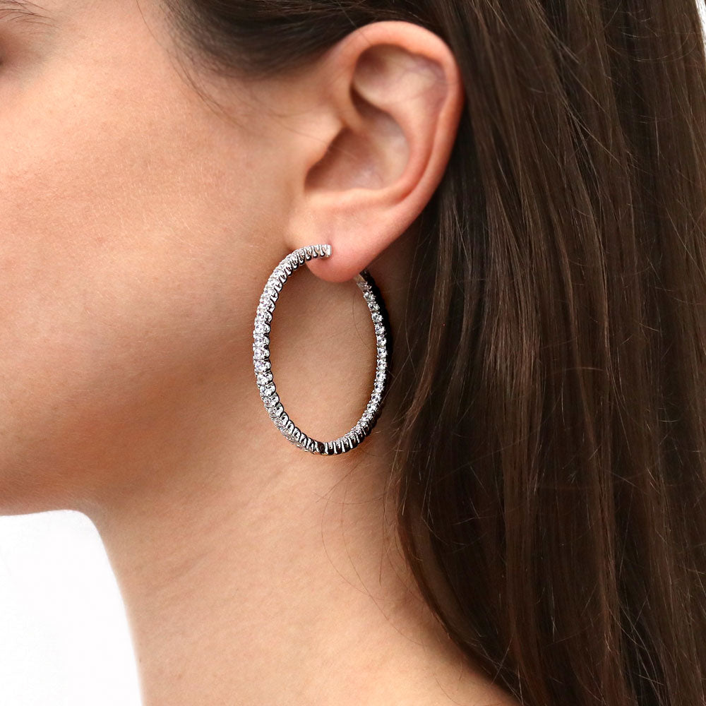 CZ Large Inside-Out Hoop Earrings in Sterling Silver 1.9"