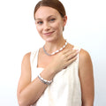 Model wearing Imitation Pearl Curb Chain Bracelet and Necklace, 2 Piece, Rose Gold Flashed