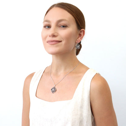 Flower Black and White CZ Earrings in Sterling Silver
