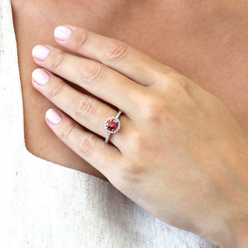 Halo Kaleidoscope Red Orange Round CZ Ring in Sterling Silver
