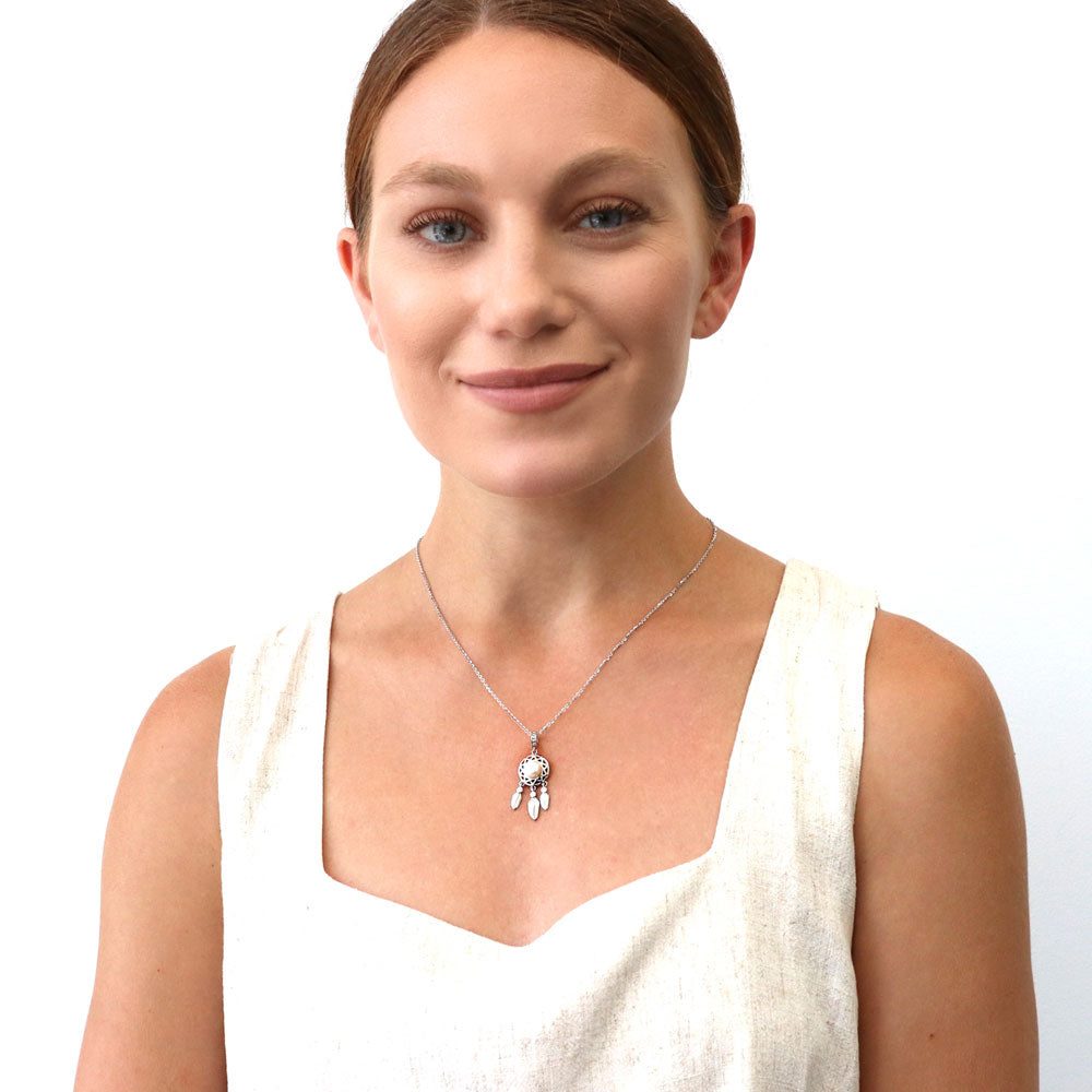 Feather Button Cultured Pearl Necklace in Sterling Silver