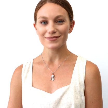 Feather Button Cultured Pearl Necklace in Sterling Silver