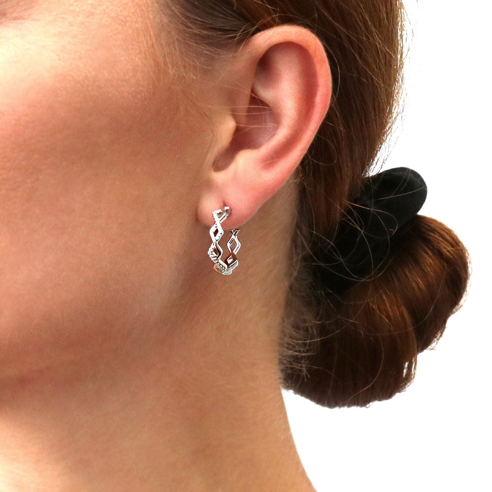 Model wearing Woven CZ Small Hoop Earrings in Sterling Silver 0.8 inch, Yellow Gold Flashed