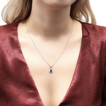 Teardrop Simulated Blue Sapphire CZ Pendant Necklace in Sterling Silver
