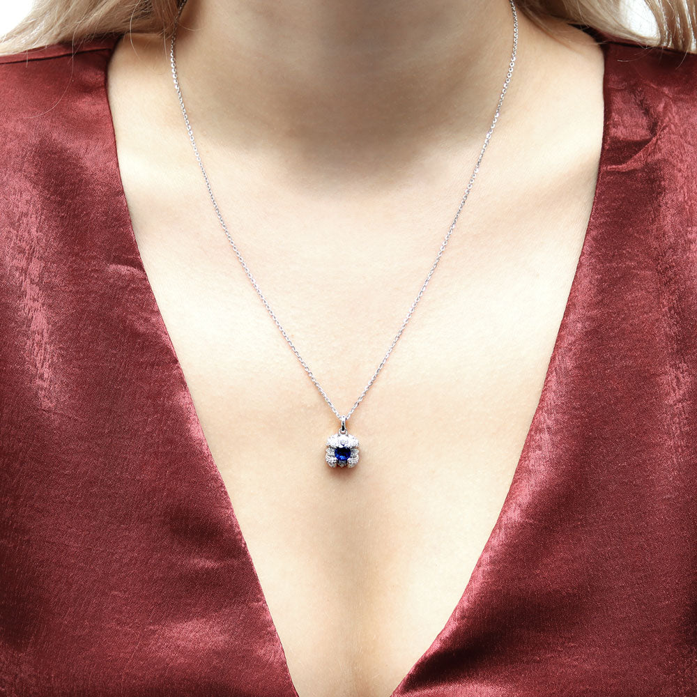 Model wearing Square Sapphire-Blue CZ Necklace in Sterling Silver, 2 of 7