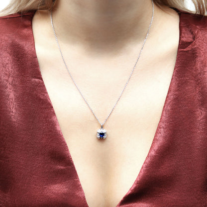 Square Sapphire-Blue CZ Necklace in Sterling Silver